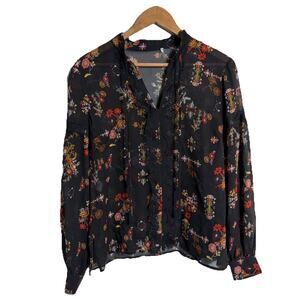 Derek Lam 10 Crosby Black Sheer Floral Silk Blouse Top S V-Neck‎ Quiet Luxury